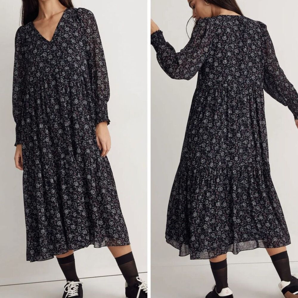 Madewell Georgette Tierred Midi Dress Womens Medium Navy Blue Enchanted Floral